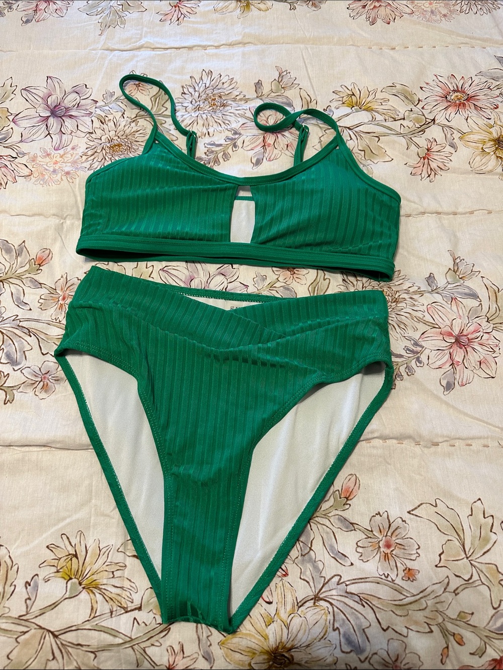 Women's Green Ribbed Bikini Set - Bralette Top & High Cut Bottoms